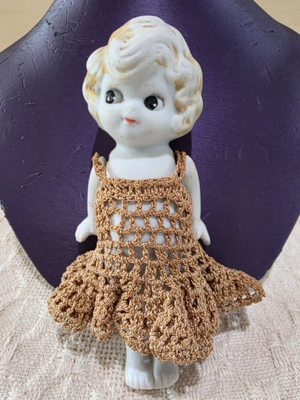 Vintage 1930s All Bisque 6" Flapper Doll Japan Carnival Prize Doll Crochet Dress
